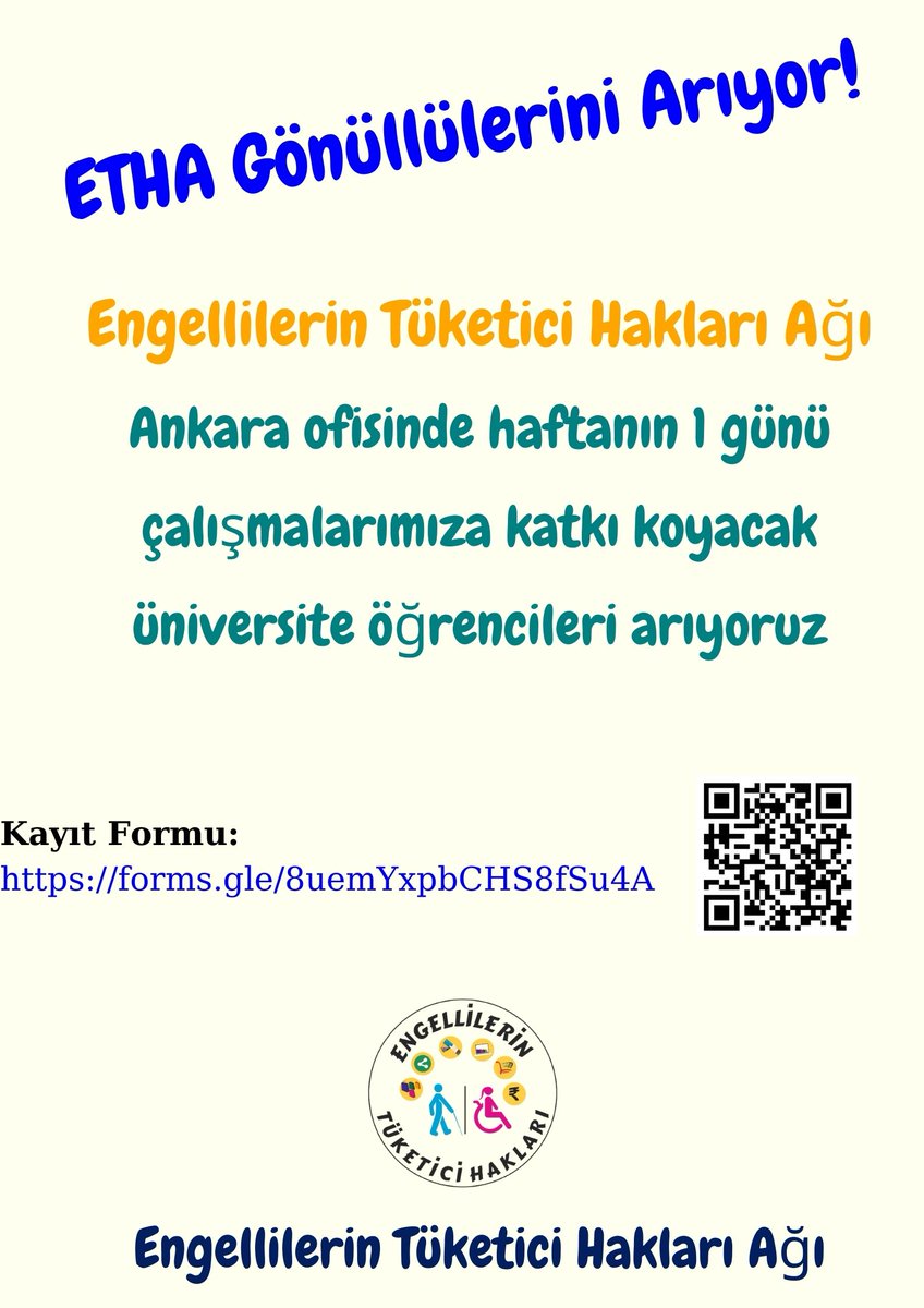 ETHA Gönüllülerini Arıyor!
ETHA'nın Ankara Ofisinde haftanın 1 günü çalışmalarımıza gönüllü olarak katılacak üniversite öğrencileri arıyoruz
Başvuru Linki👇forms.gle/nbdTK3hmzCV9xd…

Duyuru detayı için linki tıklayınız👇 bit.ly/3fj9Spr