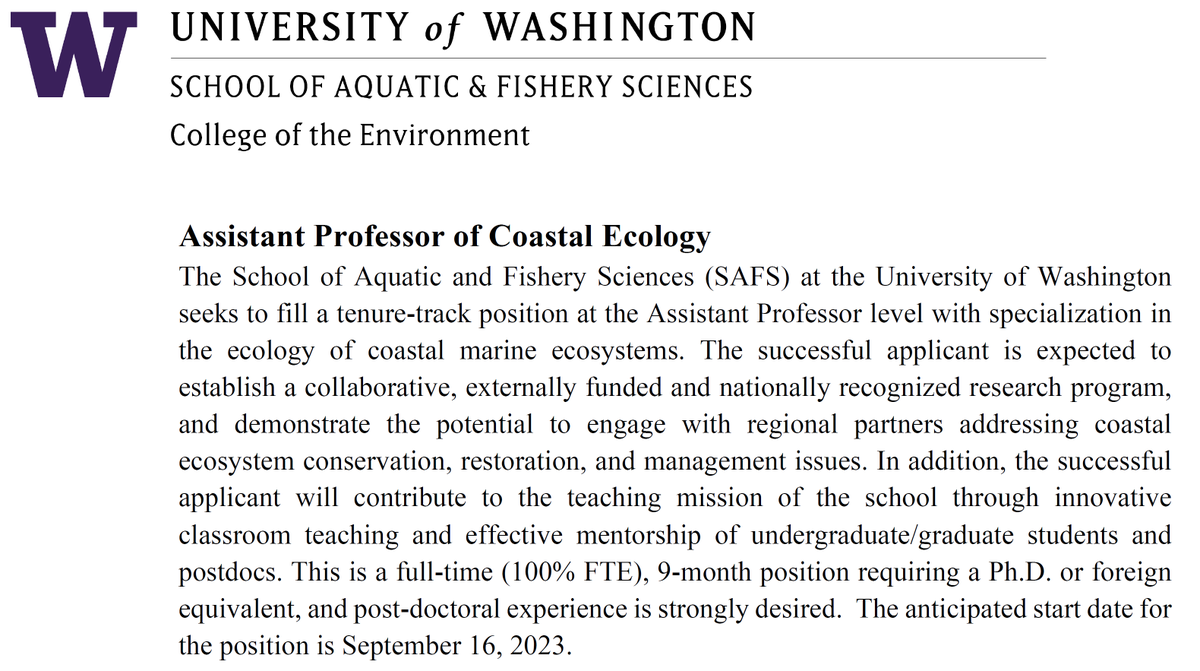 #jobs Assistant Professor in the ecology of coastal marine ecosystems in my department: School of Aquatic and Fishery Sciences, University of Washington @UW @UW_SAFS Apply here: facultysearch.interfolio.com/28343/position…