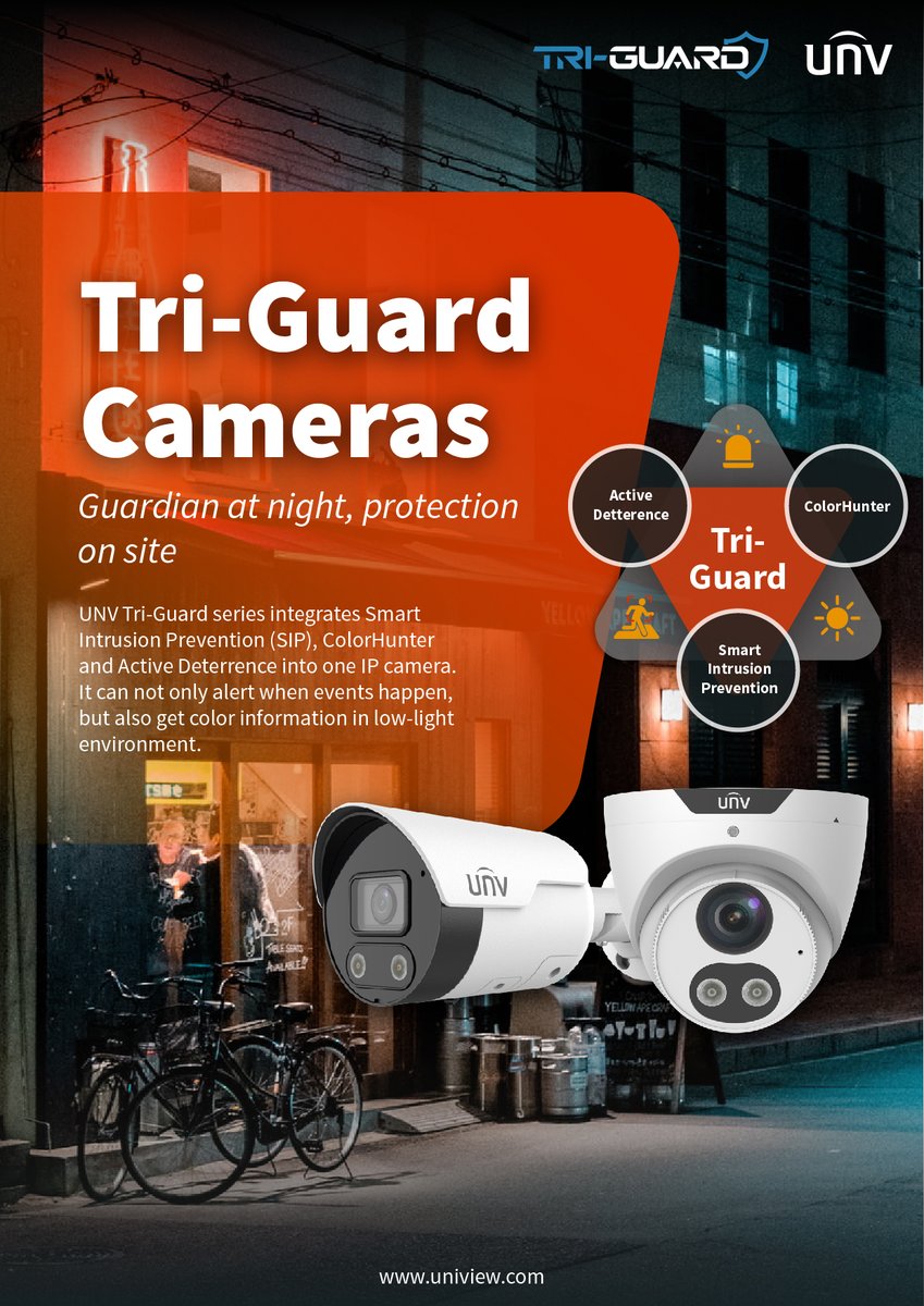 UniviewTech's tweet photo. UNV Tri-Guard technology integrates Smart Intrusion Prevention (SIP) , ColorHunter and Active Deterrence. It’s designed to prevent crimes at night - It can not only alert when events happen, but also get color information in low-light environment.
#TriGuard #Uniview https://t.co/dEuqZyo0vg