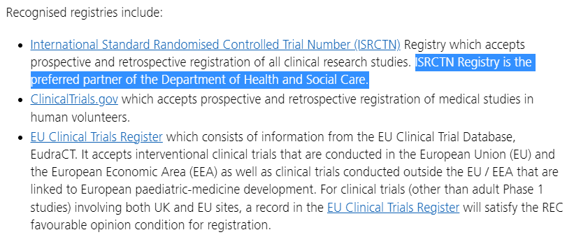 Where do trialists register their RCTs? <a href="/HRA_Latest/">The Health Research Authority</a>/<a href="/DHSCgovuk/">Department of Health and Social Care</a> recommend <a href="/ISRCTN/">ISRCTN: the UK's Clinical Study Registry</a>  (hra.nhs.uk/planning-and-i…)...but this meant <a href="/stand_trial/">STAND_Trial</a> was left out of this annual review which used clinicaltrials.gov ☹️(alz-journals.onlinelibrary.wiley.com/doi/10.1002/tr… - one of my fav's 😍!!). Any advice?