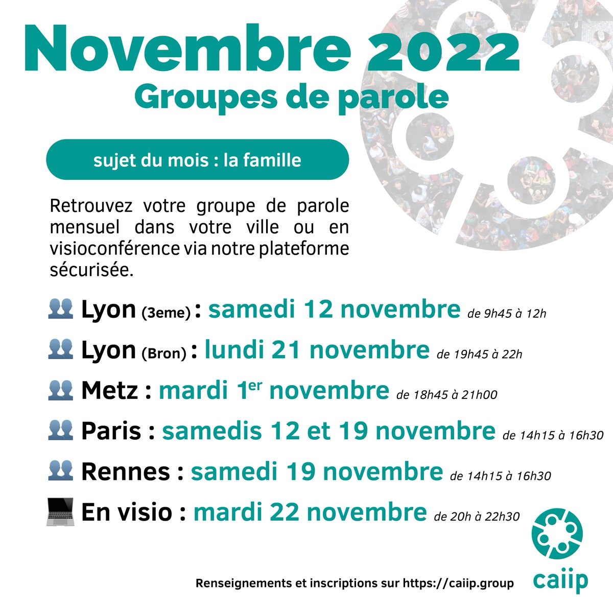 CaiipOrg's tweet image. Groupes de Novembre. Inscriptions et renseignements : caiip.group/groupes-de-par…
#metooinceste #metoo #groupesdeparole #groupedeparolelyon #groupedeparolemetz #groupedeparoleparis #groupedeparolerennes #groupedeparoleenligne