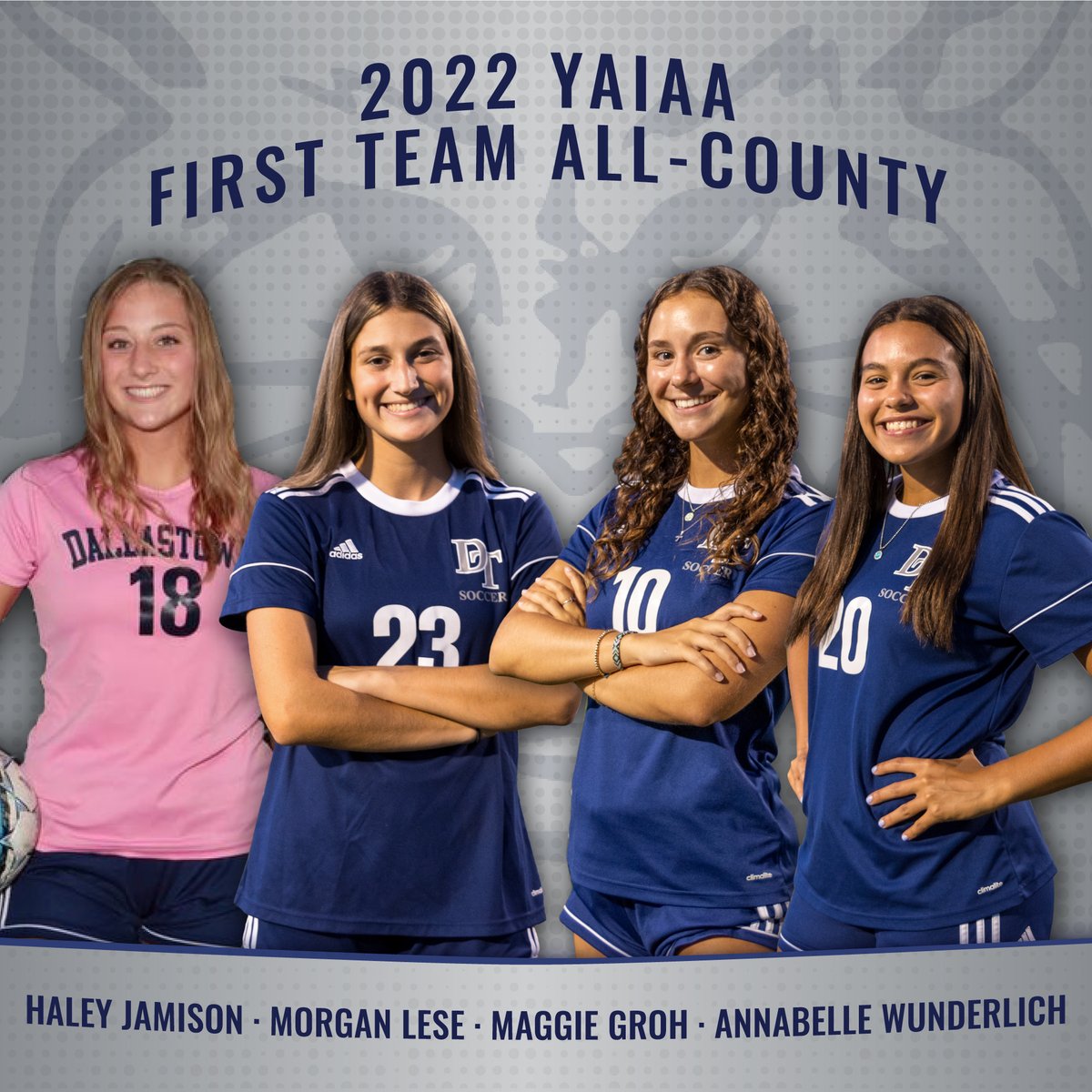 Congratulations to Haley Jamison, Morgan Lese, Maggie Groh, and Annabelle Wunderlich for being named First Team All County! 💙🤍⚽️

And Congratulations to all players recognized by the YAIAA Coaches.