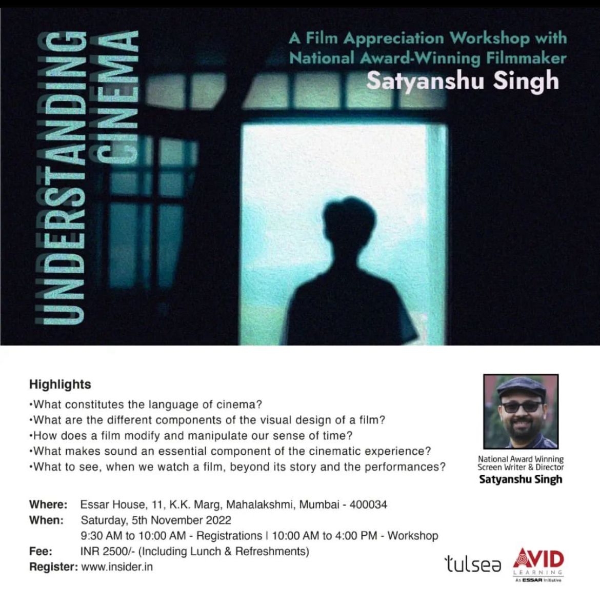 TulseaTalent's tweet image. Join National Award winning filmmaker and scriptwriter @satysingh for a masterclass on 'Understanding Cinema' to dive deep into the unique language &amp;amp; craft while appreciating the art of making films!

When? Saturday, November 5th @ 10am
Register: bit.ly/3FymL9H