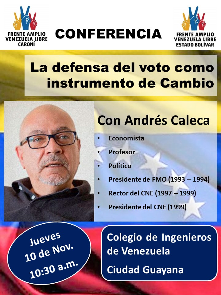 El jueves 10 en Ciudad Guayana. A las 10:30 estaré en el Colegio de Ingenieros invitado por el FAVL, los partidos y las ONG que lo integran. En la tarde, con los estudiantes en la UCAB. #HablandoDelPaís en Defensa del Voto Como Instrumento de Cambio. Nos vemos.