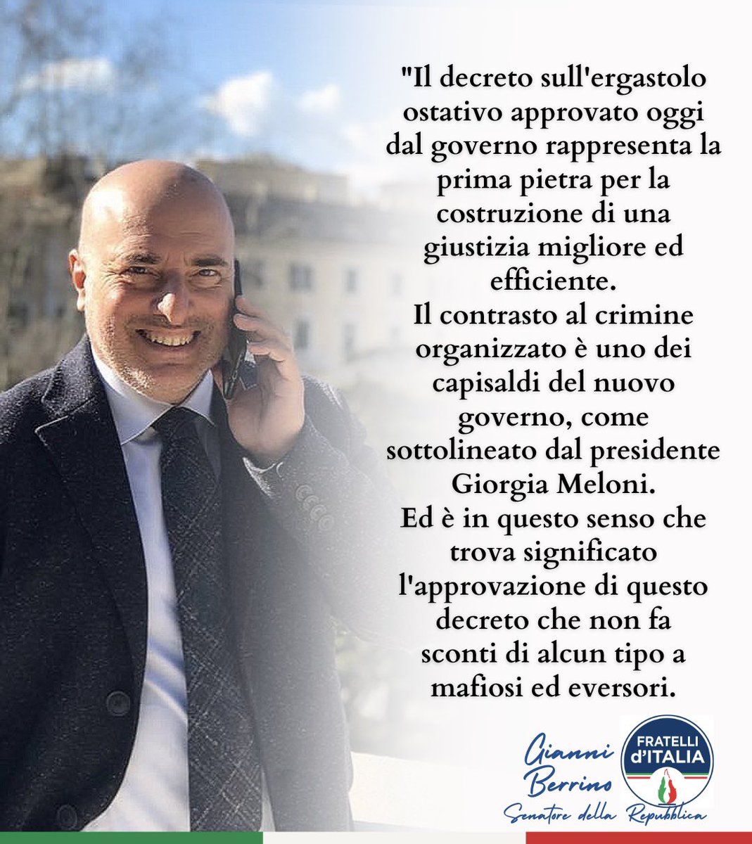 Il contrasto al crimine organizzato
è uno dei capisaldi del nuovo governo, come sottolineato dal presidente <a href="/GiorgiaMeloni/">Giorgia Meloni</a> 
#ergastoloostativo 
<a href="/FratellidItalia/">Fratelli d'Italia 🇮🇹</a> #GovernoMeloni 🇮🇹