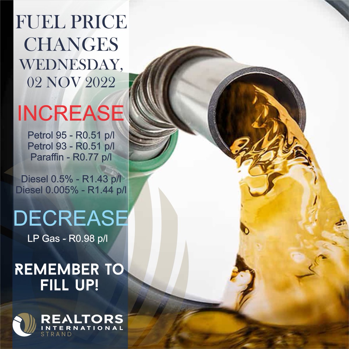 RealtorsStrand's tweet photo. Just a friendly reminder that petrol &amp; diesel prices will increase on Wednesday, 02/11/2022 - while LP Gas prices will drop. 
Make sure to share with all your friends and family, and remember to fill up!

#PetrolDieselPrice #petrolprice https://t.co/GAPc09Ndt7