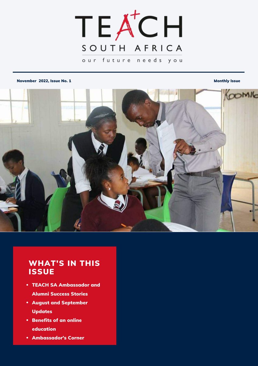 TEACH_SA's tweet photo. TEACH South Africa's monthly newsletter is finally out! Have a quick read and engage with us.
Happy reading!😃
#TEACHSA #OurFutureNeedsYou #monthlynewsletter #November2022 #NGO #successstory https://t.co/vBYKq6QK1r