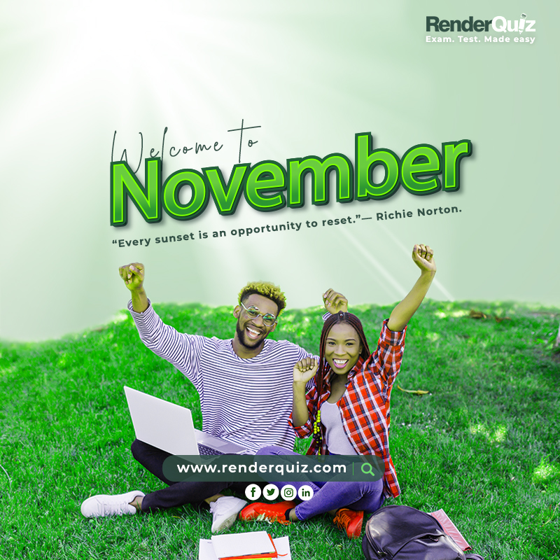 Renderquiz's tweet photo. Happy November from RenderQuiz...ππ₯³
It's never too late to begin again.
visit: https://t.co/0LuY1PcUSE to get started.
#onlineexam #onlinetest #onlinequiz #onlinerecruitment #college #student #lecturers #University #emplyeeengagment #staffassessment #renderquiz https://t.co/KQoSOm6N7h