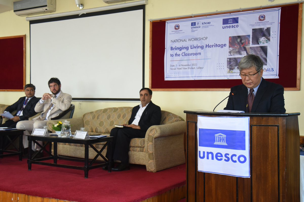 UNESCOKathmandu's tweet photo. 📢Happening now!
National Workshop on #Bringing #LivingHeritage to the Classroom to sensitize #teachers & #educators to integrate intangible #CulturalHeritage (ICH) into both formal & non-formal education 📚.
#ICHCAP https://t.co/gk3ISHLkz0