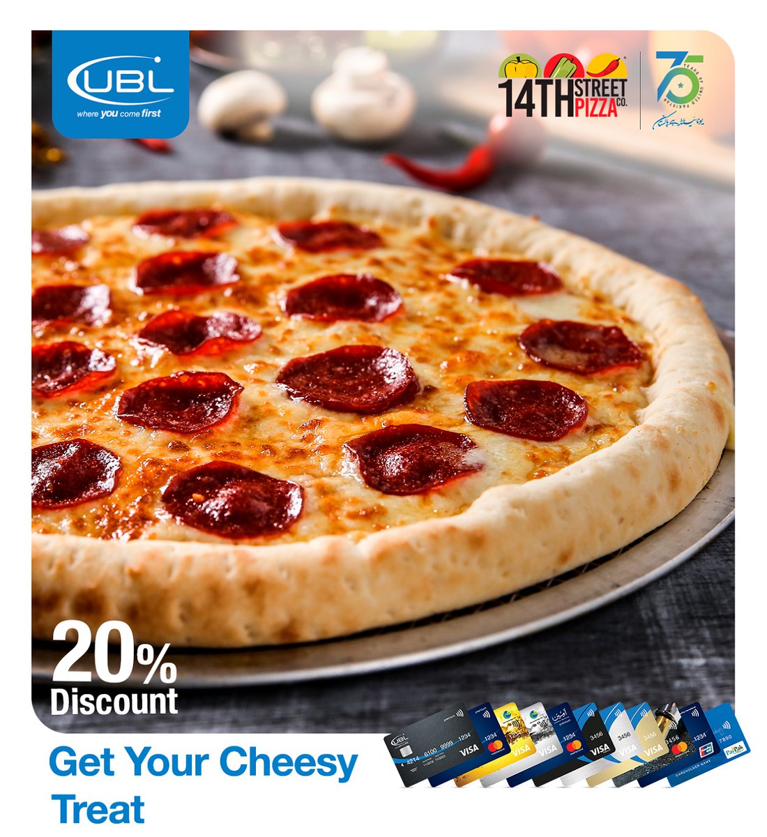 UBLDigital's tweet photo. Burst of cheese and flavors on a budget!
Satisfy your pizza cravings at 14th Street Pizza (Nationwide) and enjoy an amazing discount of 20% on your UBL Credit or Debit Card.
Terms & Conditions apply.
#UBL #14thStreetPizza #UBLCards #UBLDiscounts #UBLCreditCard #UBLDebitCard https://t.co/TBtujQw021