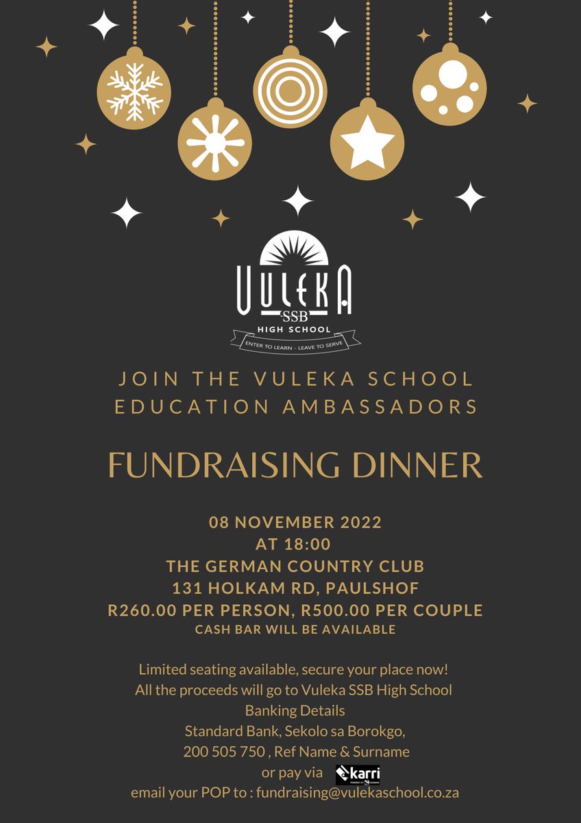 VulekaSchool's tweet image. Why not skip making dinner on the 8th of November and join our fundraising dinner at 18:00. German Country Club in Paulshof.
More details in the below flyer.

#dinner  #food #fundraiser #school