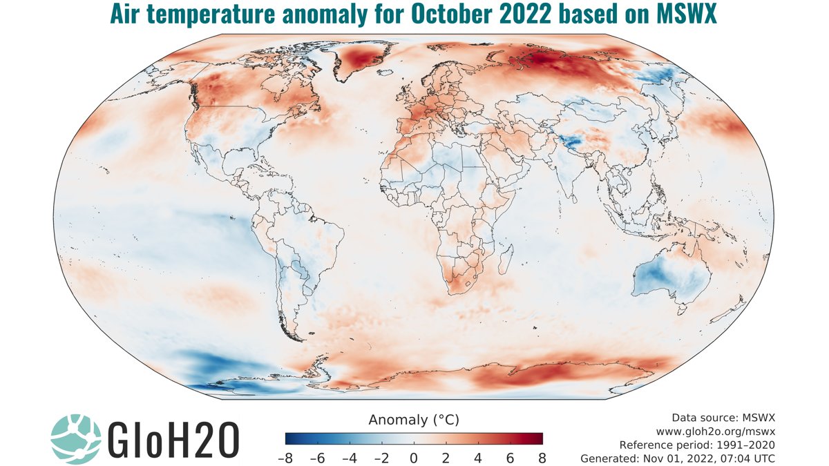 The global average air temperature for October 2022 was 0.41 °C above the 1991–2020 average. Exceptional #heat across Europe and western North America in particular.