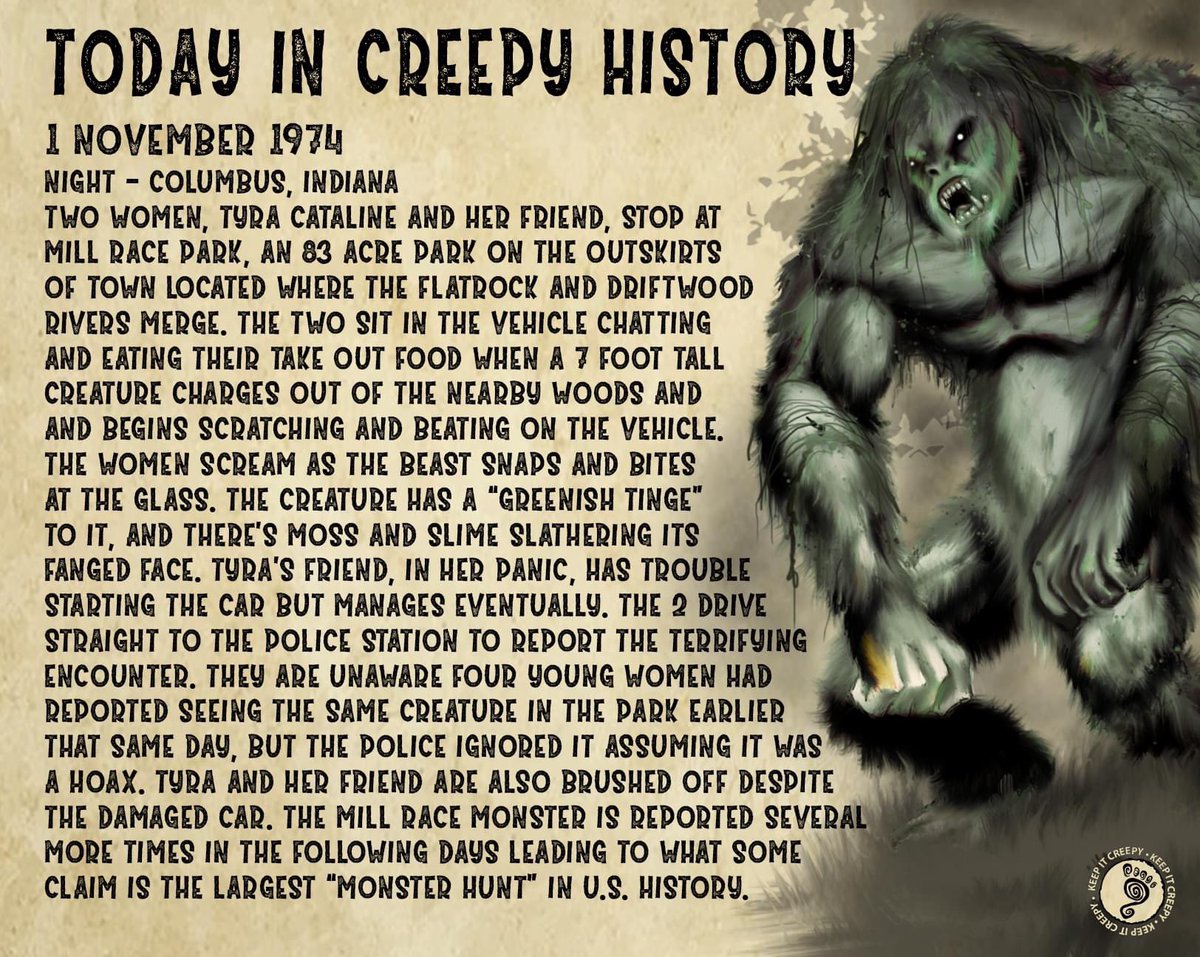 Reptilain? Bigfoot? Something in between? The Mill Race Monster has remained a mystery for nearly 50 years in Columbus, Indiana. #bigfoot #cryptids #millracemonster #cryptozoology #spookyseason #Halloween #weirdhistory #illustration #darkart #creaturedesign #cryptidart