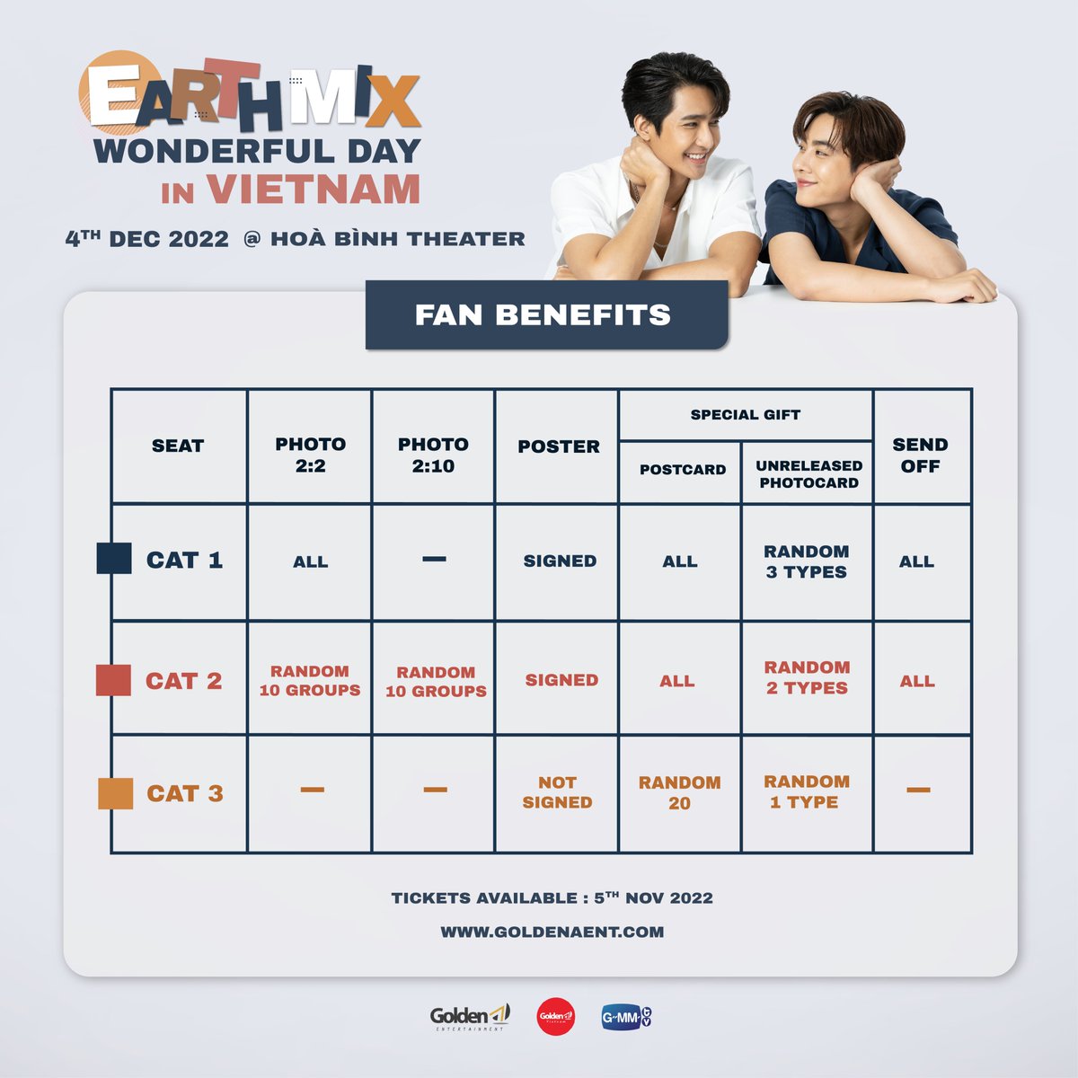 GMMTV's tweet photo. Are you ready for #EarthMixWonderfulDayinVietnam ?

It’s time to check for ticket information and fan benefits!!

Please prepare yourself.
Ticket website: https://t.co/mIfloiVWtU
From 10 a.m this 5th November 

#seeyouEarthMix
#EarthMix #เอิร์ทมิกซ์
@Earth_Pirapat @wixxiws https://t.co/LC943xY1R8