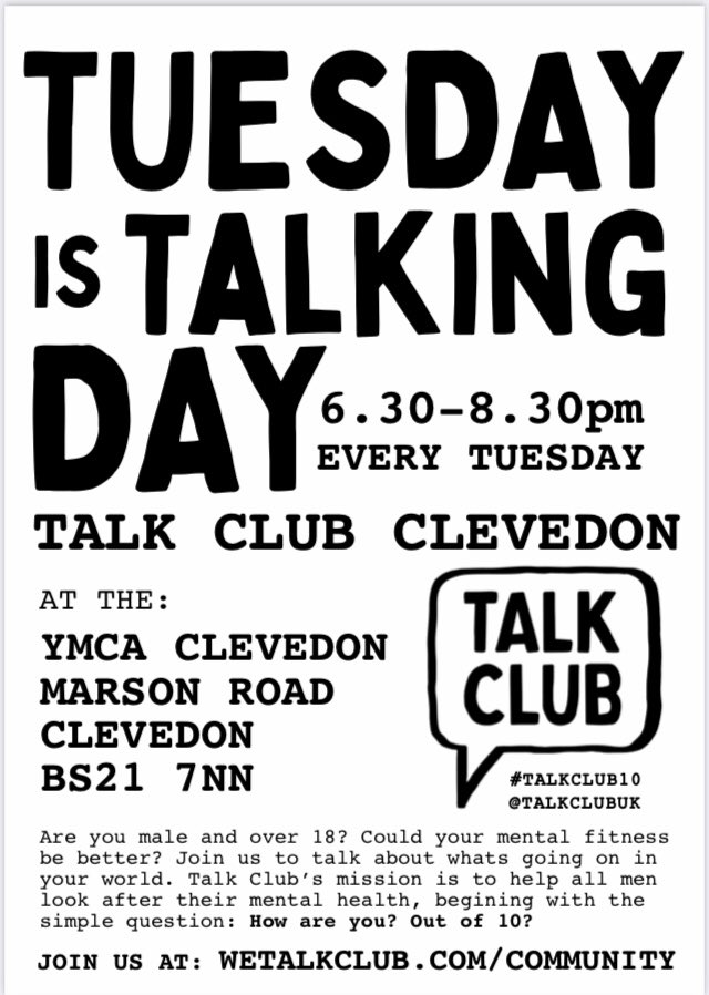 B4ARMYB4RNEY's tweet photo. Top of the morning 👋
How are you ? Out of 10 ?
It’s the third of this weeks North Somerset Talk Clubs at YMCA Clevedon
Looking forward to to seeing you later.
Talk, Listen, Together.
#TooGoodForGivingUp
@ymcaclevedon
@TalkClubUK https://t.co/QvdfjojuPF