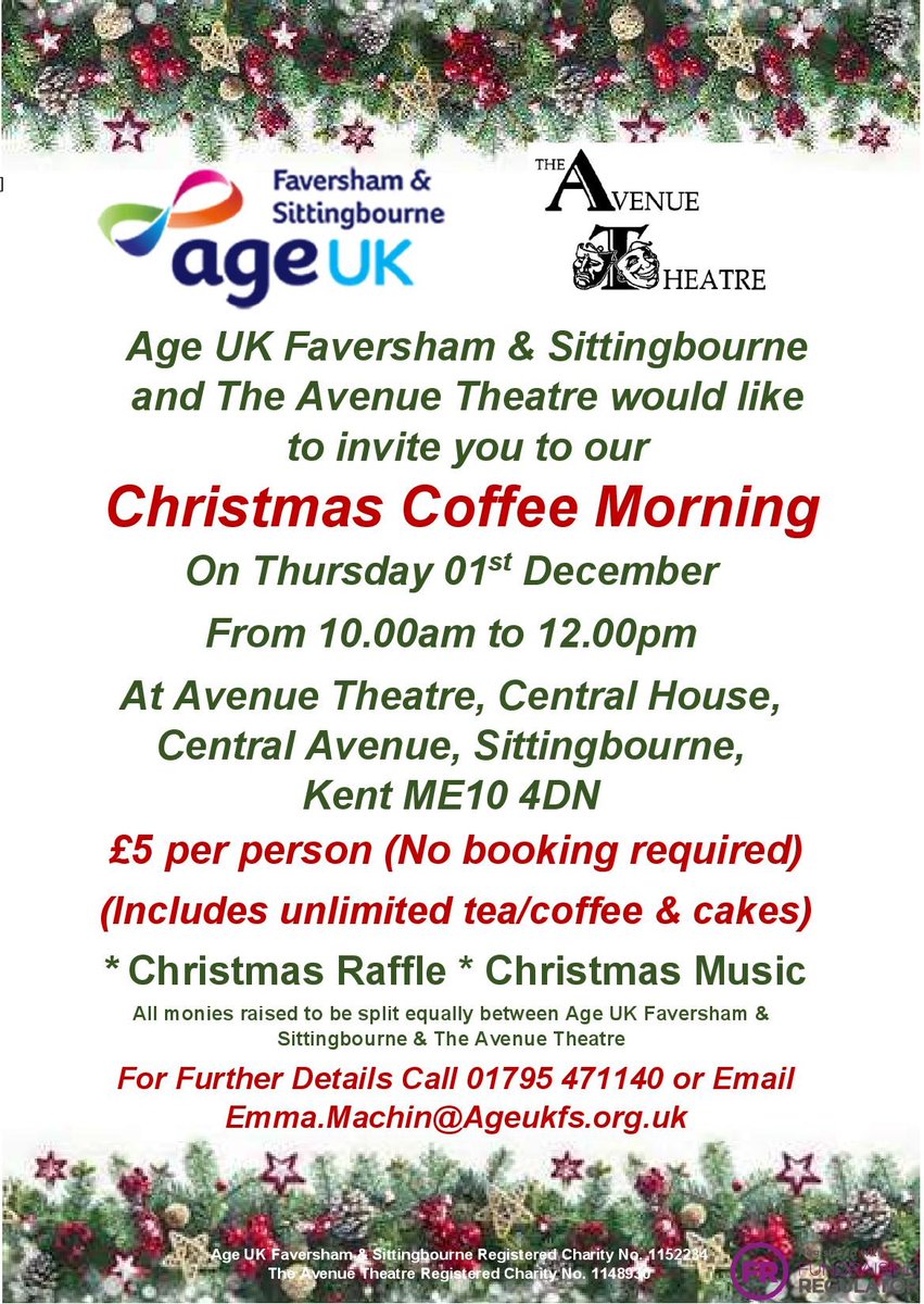 Come along &amp; enjoy a morning full of festivities at our CHRISTMAS COFFEE MORNING including UNLIMITED Tea/Coffee &amp; Cake and a Christmas Raffle! All monies raised to be split between Age UK F&amp;S &amp; The Avenue Theatre!
#Christmas #CoffeeMorning #Sittingbourne #AgeUKFS #AvenueTheatre