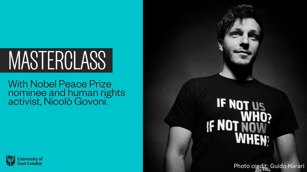 Uni of East London (@uel_news) on Twitter photo Join us for a masterclass with <a href="/nicologovoni/">Nicolò Govoni</a>, Nobel Peace Prize nominee, human rights activist, & CEO of <a href="/stillirisengo/">Still I Rise NGO</a>. Hear about his work on the frontline of a global refugee crisis.
📆 Thurs, 3 Nov
⏰ 10 am
📍 EB1.07, Docklands
To join email 👉 j.agiejew@uel.ac.uk Join us for a masterclass with <a href="/nicologovoni/">Nicolò Govoni</a>, Nobel Peace Prize nominee, human rights activist, & CEO of <a href="/stillirisengo/">Still I Rise NGO</a>. Hear about his work on the frontline of a global refugee crisis.
📆 Thurs, 3 Nov
⏰ 10 am
📍 EB1.07, Docklands
To join email 👉 j.agiejew@uel.ac.uk