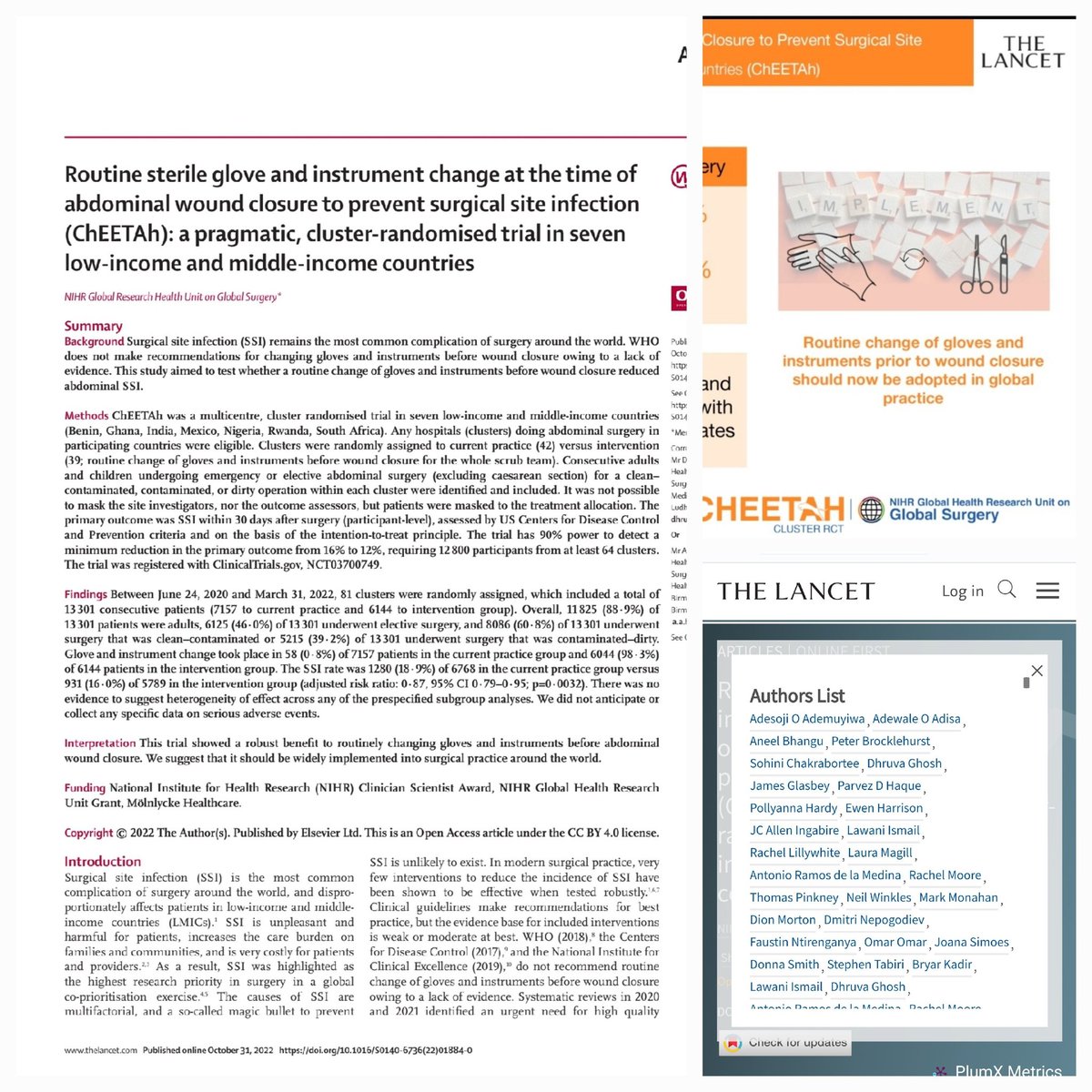 Fostino21's tweet photo. We @NIHR_GSU just published @TheLancet https://t.co/H2tZtm9nRJ
Routine change of gloves & instruments prior to abdominal wound closure decrease SSI by 13% #ChangeThePractice @RwandaHealth @Surgical_RW @Uni_Rwanda @HospitalChuk @chu_butare @kfaisalhospital @RwaMilitaryHosp https://t.co/DudVXB9GgV