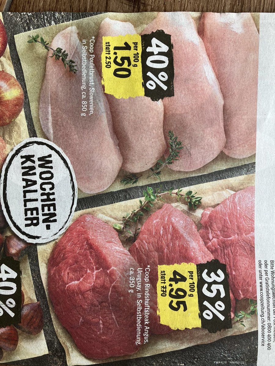 1.50 CHF für Poulet aus Slowenien. Aktion auf Rind aus Uruguay. <a href="/coop_ch/">coop_ch</a>  was soll das? Und daneben #Vegan  Alternativen anpreisen und auf umweltschonend machen - es ist einfach zum kotzen. #Doppelmoral #animals