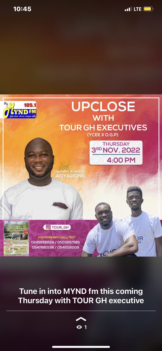 ogaycee1's tweet photo. Tune in into MYND fm this coming Thursday with TOUR GH executive https://t.co/kLcuurotr6