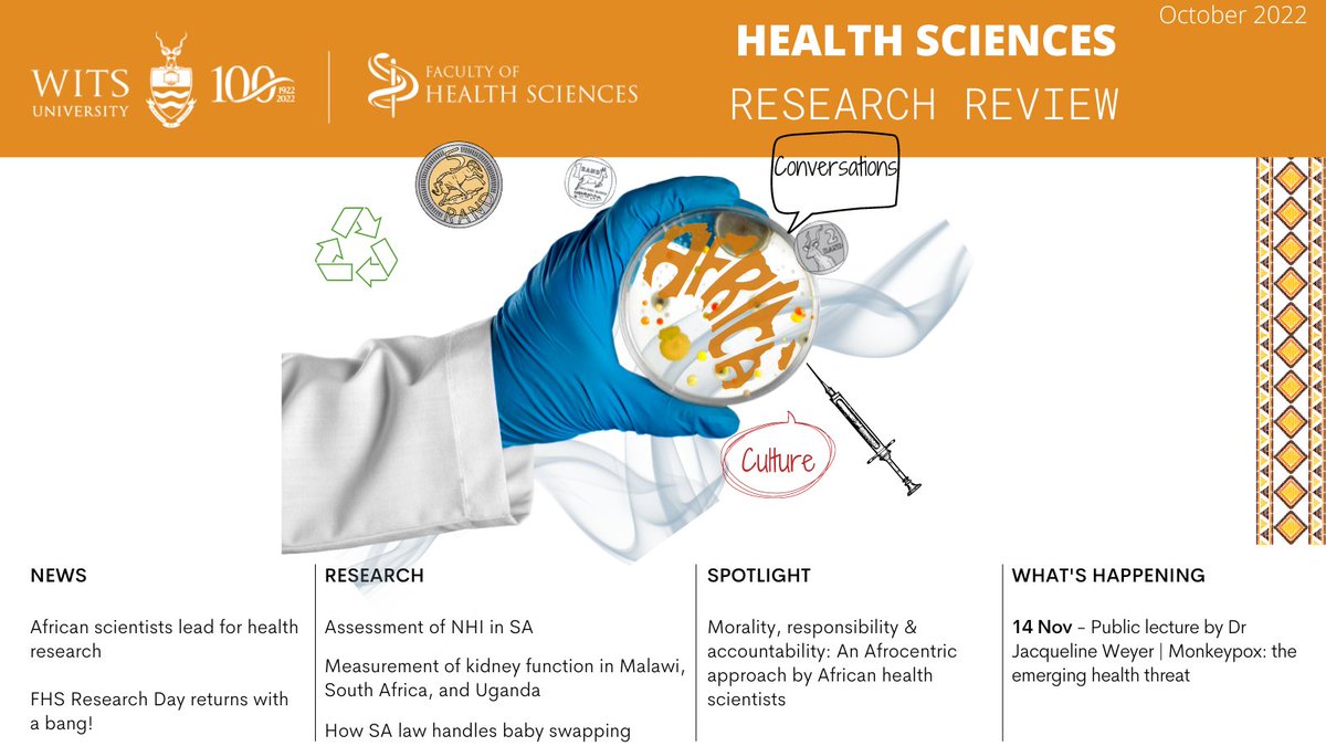 WitsHealthFac's tweet photo. 📖🗣️Health Sciences Research Review: Download and read the latest edition of the HS Research Review.
Read more: https://t.co/ntVBDOuaHO
#morality #monkeypox #afrocentric #healthscientists #kidneyfunction #babyswapping https://t.co/XlPoz0zATQ