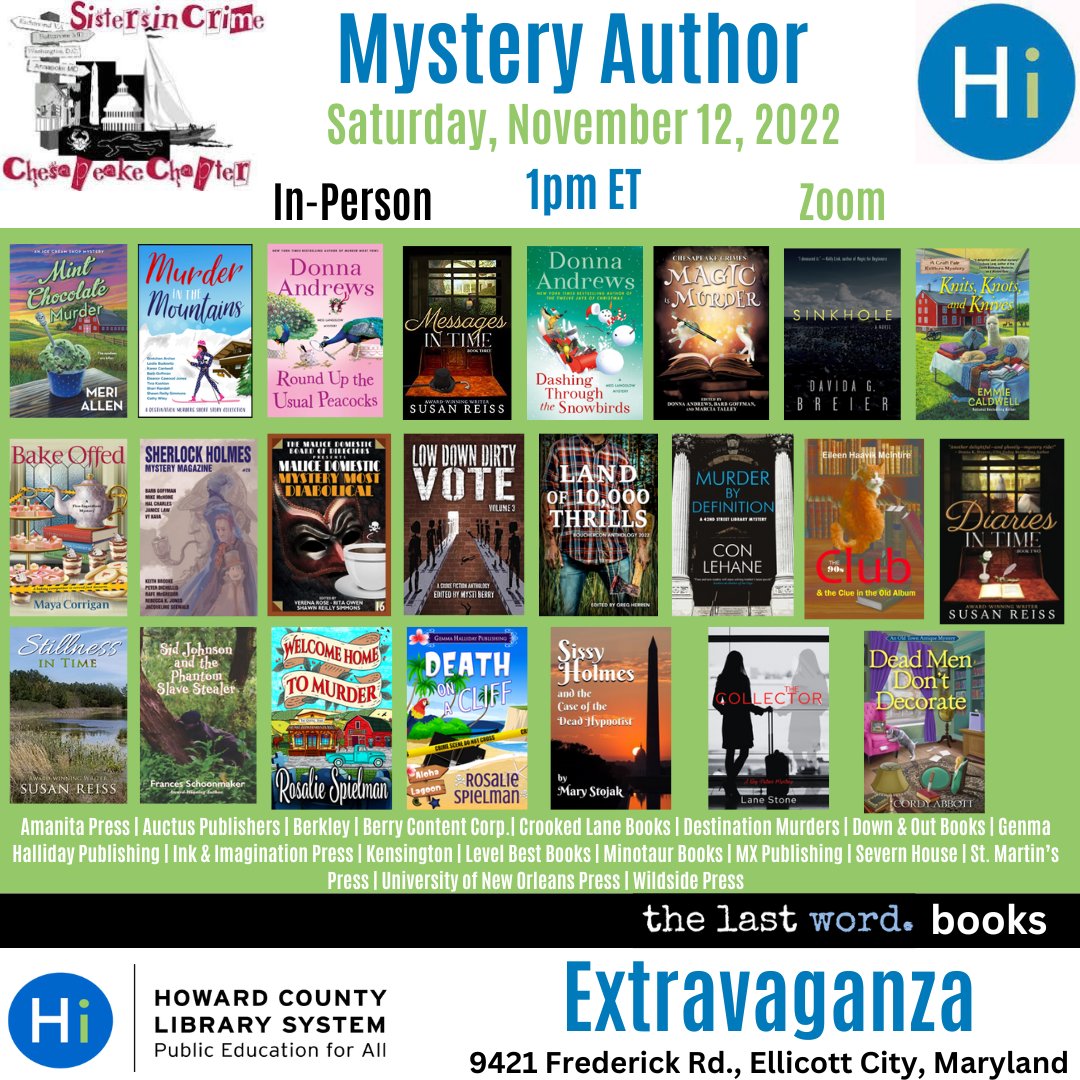 #SaveTheDate @HoCo_Library @ChessieCrime @s_randallauthor @DonnaAndrews13 @SusanReiss @clehane @Survivingwriter @YouKnowTheSpiel @CordyAbbott @scottynola @MarylandWriters @BarbGoffman @TinaKashian1 @eleanorauthor @ShawnRSimmons >> howardcounty.librarycalendar.com/event/sisters-… #MYSTERY #Readers