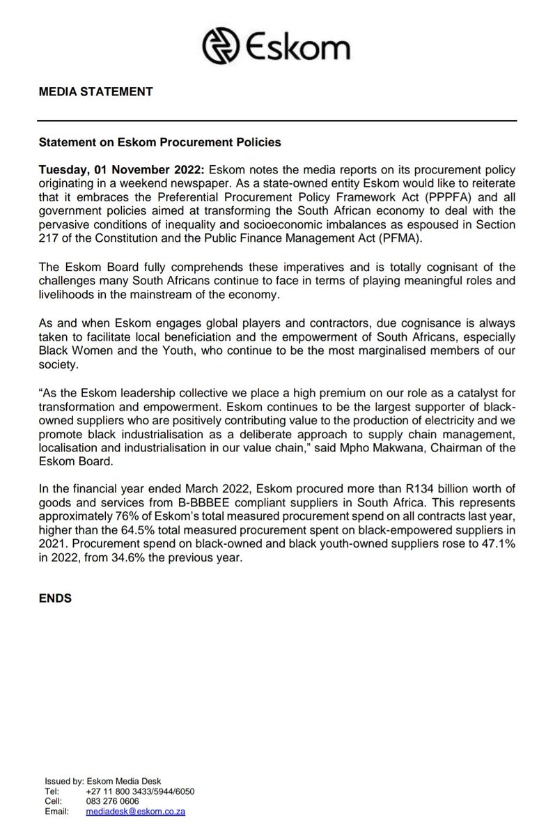 #EskomMediaStatement Statement on Eskom Procurement Policies