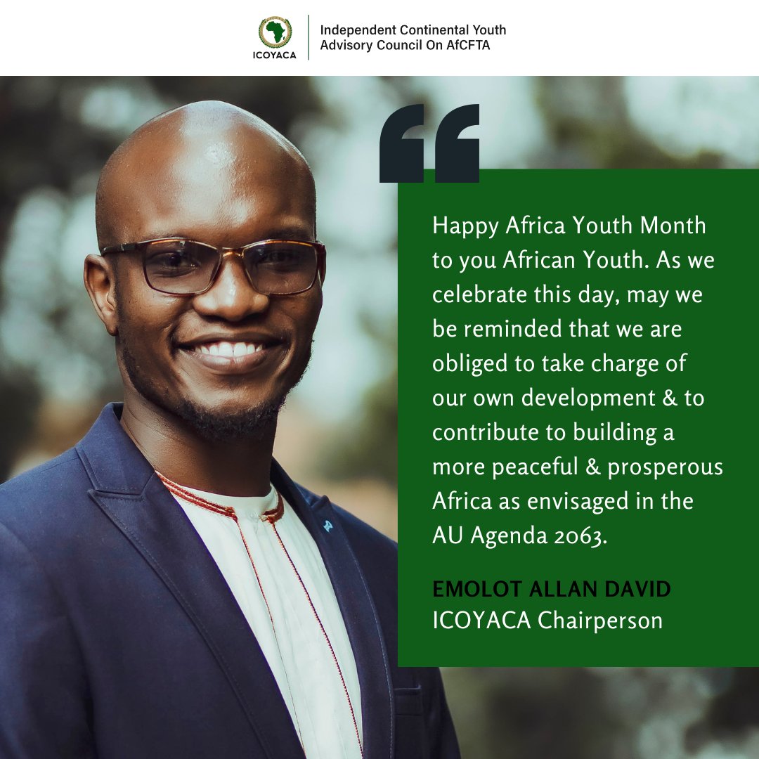 As we celebrate Africa Youth Day, here's a lovely message from our Chairperson <a href="/Emolot_AD/">Emolot Allan David</a>
Let's remember that "we are obliged to take charge of our own development &amp; to contribute to building a more peaceful &amp; prosperous Africa as envisaged in <a href="/_AfricanUnion/">African Union</a> Agenda 2063"
<a href="/AfCFTA/">AfCFTA Secretariat Official</a>