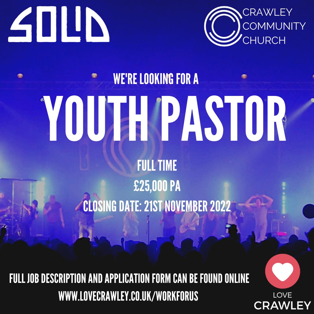 LoveCrawley's tweet photo. We are excited to announce that we are recruiting for a full time Youth Pastor. Full details can be found at https://t.co/NrZR9mddFr https://t.co/hl09PWmZ9b