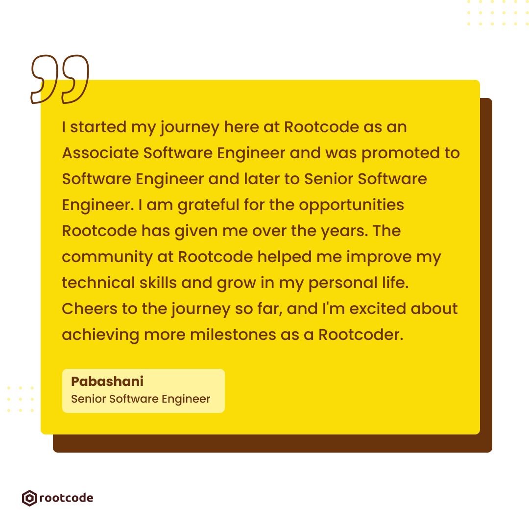 rootcode_io's tweet photo. Meet Pabashani, from our #engineering team! This is her journey as a #rootcoder and how she progressed from being an Associate #softwareengineer to a Senior Software Engineer. Swipe to read more.
#growth #careers #lifeatrootcode https://t.co/l8Uh6Ho0jg