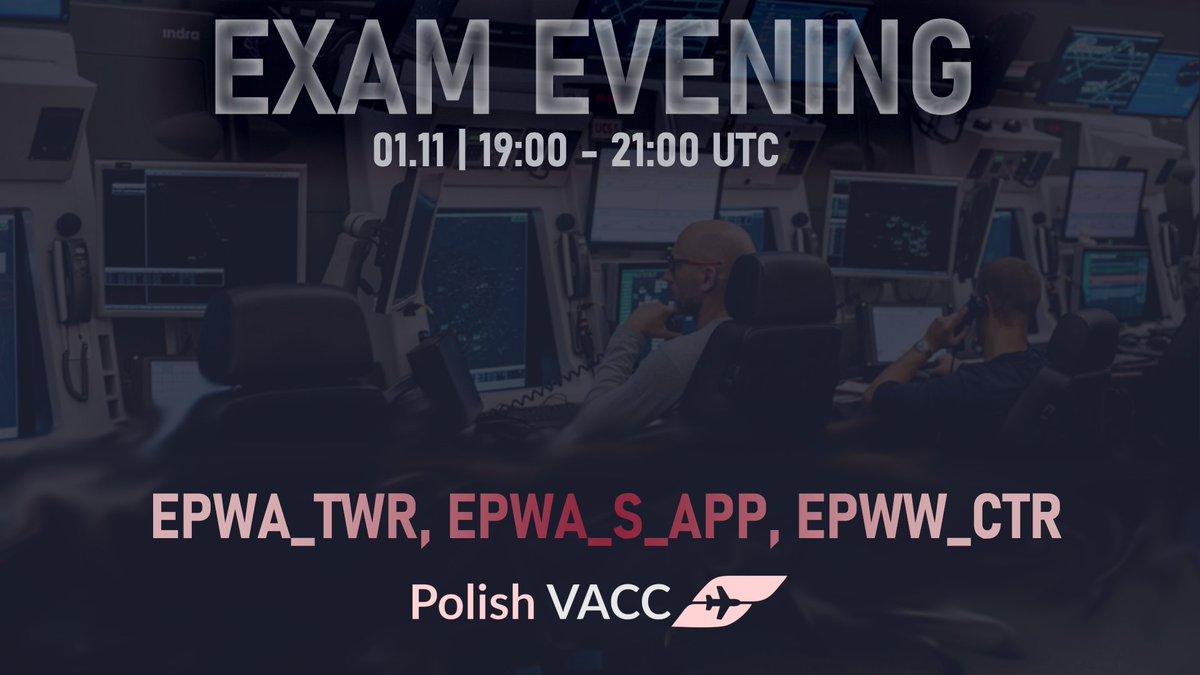 Exam evening! Tonight come to #EPWA and help not one, not two, but three candidates to pass their CPTs! We are waiting for you from 19 till 21 UTC!

#VATSIM #VATSIMCPT <a href="/VATEUD/">VATSIM Europe Division</a> <a href="/vatsimevents/">VATSIM Events</a> <a href="/VATSIMemea/">VATSIM Europe Middle East Africa Region</a>