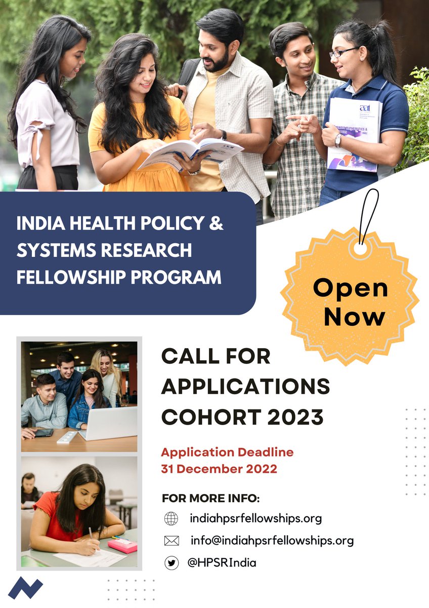 India HPSR Fellowship (@hpsrindia) on Twitter photo India Health Policy & Systems Research Fellowship
📢Call for Applications | <a href="/HPSRIndia/">India HPSR Fellowship</a> Cohort 2023
👉Apply here: bit.ly/ApplyforCohort…
🗓️Application Deadline: 31 December 2022
#hpsr #healthsystems #research #Fellowship #health India Health Policy & Systems Research Fellowship
📢Call for Applications | <a href="/HPSRIndia/">India HPSR Fellowship</a> Cohort 2023
👉Apply here: bit.ly/ApplyforCohort…
🗓️Application Deadline: 31 December 2022
#hpsr #healthsystems #research #Fellowship #health