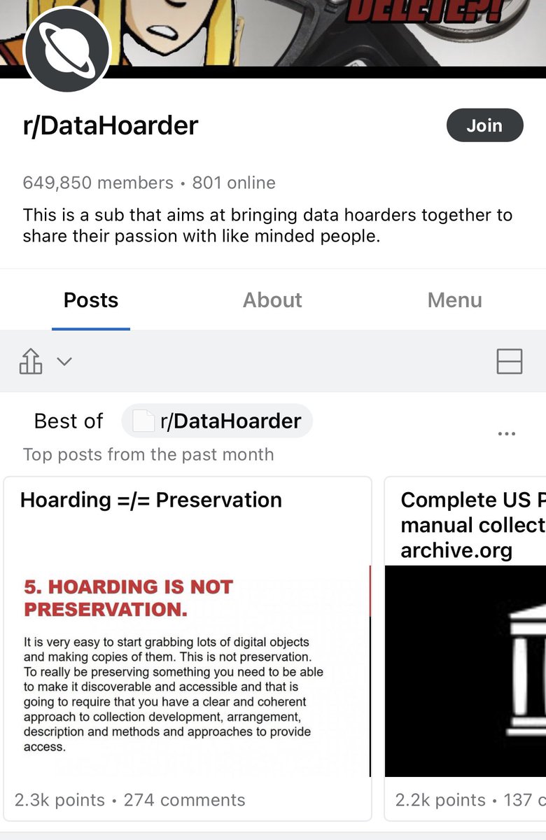 Fun to see a slide from a talk I gave at a library conference became one of the top posts on the data hoarder subreddit