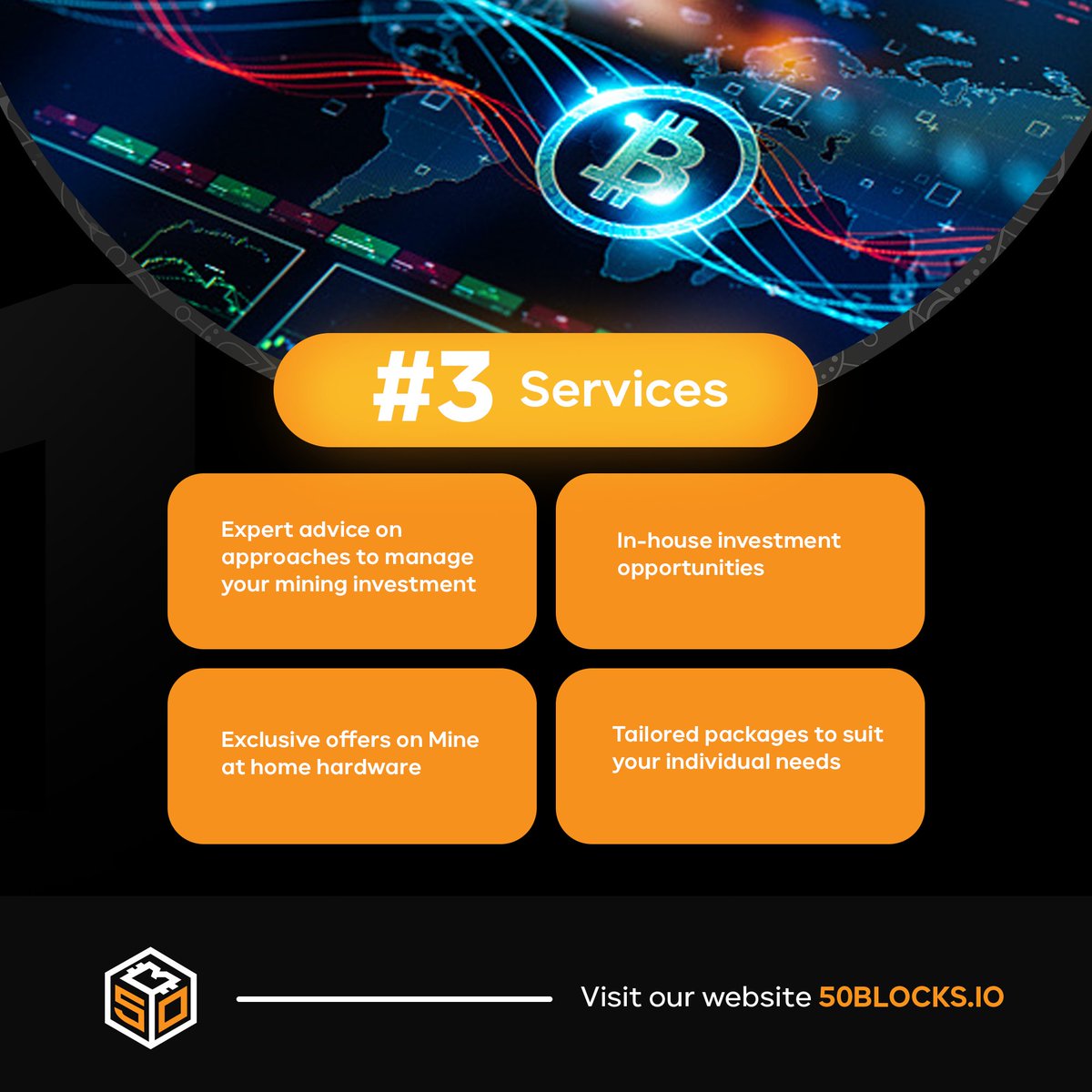 fiftyblocks's tweet photo. What we offer:

1: Hardware
2: Hosting
3: Service

Three easy steps and your on your way to a second revenue stream!

Own your hardware, select your preffered hosting and benifit from our service for simple cost effective mining!

Explore Now : https://t.co/6QBGl8CyuA https://t.co/InuM3TzePH