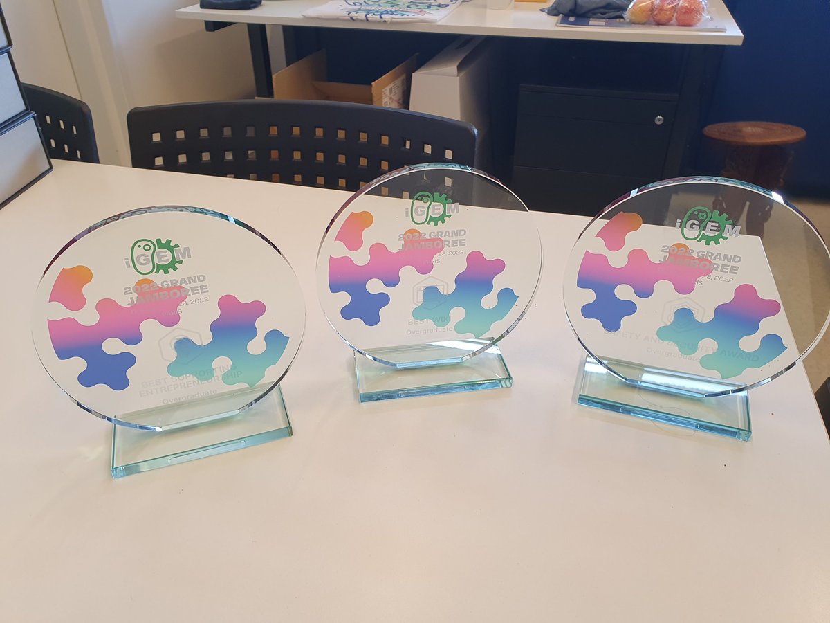 proud education director <a href="/ClaessenLAB/">The Claessen Lab</a> with the <a href="/iGEM/">iGEM Headquarters</a> superprizes earned by <a href="/iGEM_Leiden/">iGEM_Leiden</a> <a href="/LeidenBiology/">LeidenBiology</a> <a href="/UniLeidenNews/">Leiden University</a>