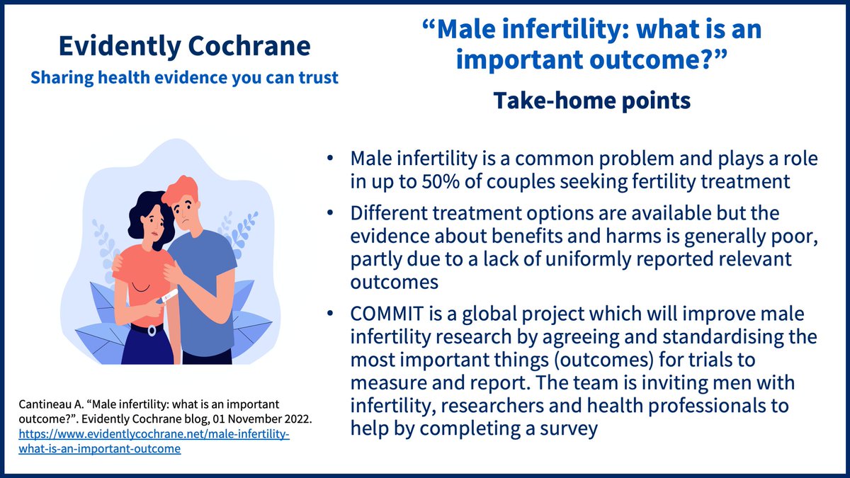 Cochrane Consumer Network (@cochraneconsumr) on Twitter photo Male infertility research needs to be better. In a @CochraneUK blog, Astrid Cantineau explains work to develop a core outcome set for male infertility trials and invites people to share what they think are important outcomes buff.ly/3fmmgVt <a href="/CochraneCGF/">Cochrane Gynaecology & Fertility</a> #NFAW22 Male infertility research needs to be better. In a @CochraneUK blog, Astrid Cantineau explains work to develop a core outcome set for male infertility trials and invites people to share what they think are important outcomes buff.ly/3fmmgVt <a href="/CochraneCGF/">Cochrane Gynaecology & Fertility</a> #NFAW22