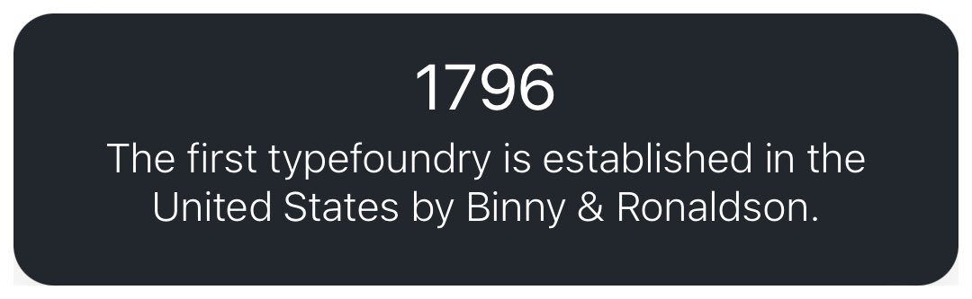 handgloves_'s tweet photo. The first typefoundry is established in the United States by Binny &amp; Ronaldson. ― 1 Nov 1796 #timepagebymoleskine itms-apps://itunes.apple.com/app/apple-store/id989178902?pt=542023&amp;mt=8 https://t.co/a1lA6dlcVQ