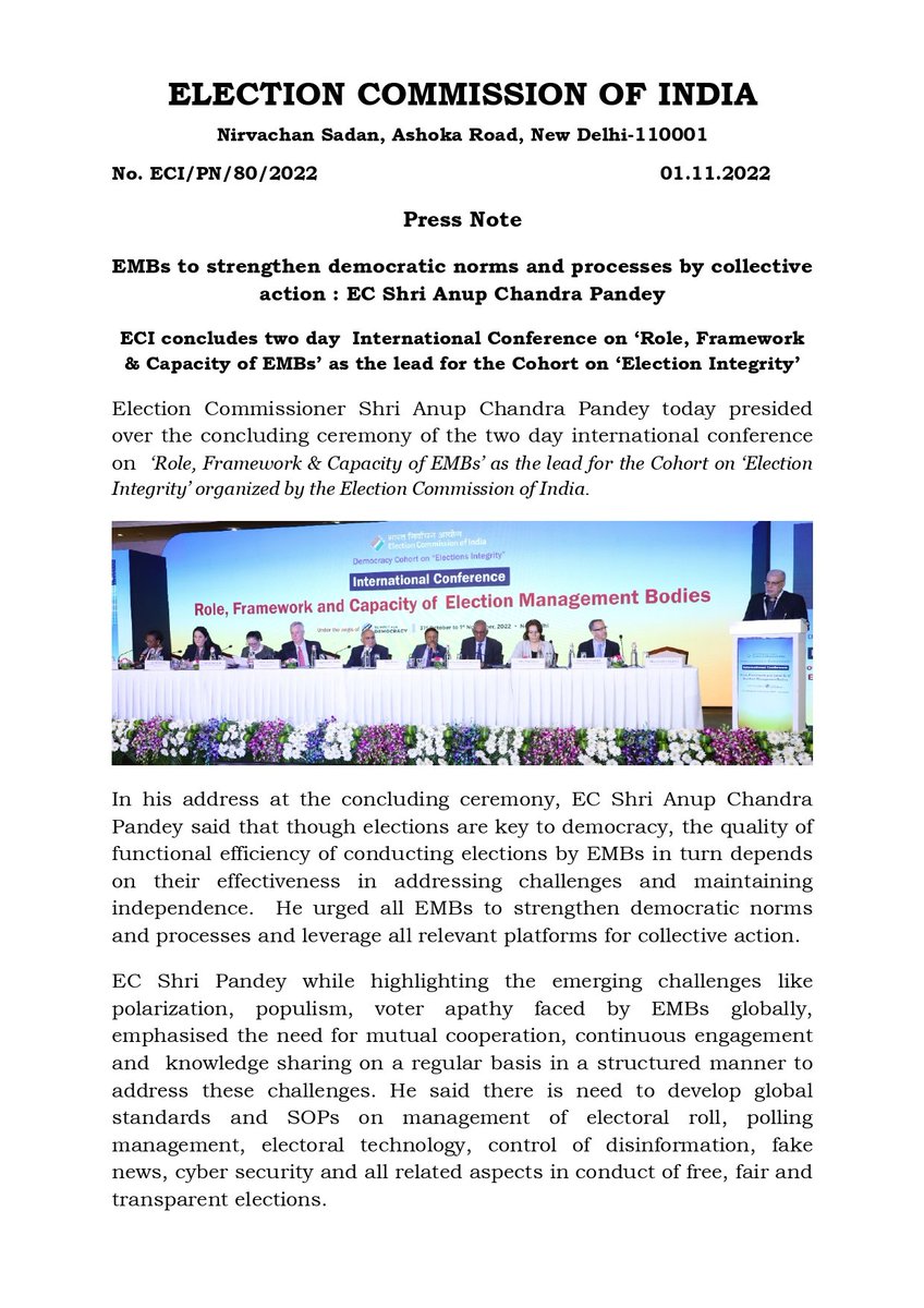 CeodelhiOffice's tweet photo. ECI concludes two day International Conference on ‘Role, Framework &amp; Capacity of EMBs’ as the lead for the Cohort on ‘Election Integrity’ 
#pressrelease #election #integrity 
#media #chalovoterbanehum #novotertobeleftbehind 
@CeodelhiOffice @ECISVEEP @SpokespersonECI https://t.co/h0Ylm4llke