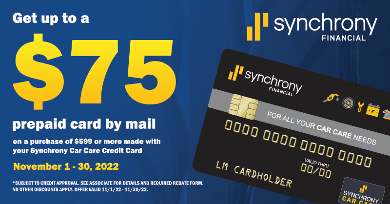 etireman's tweet photo. Get up to $75 after submission with a purchase of $599 or more using your Synchrony Car Care credit card. Offer valid 11/1/22 - 11/30/22. Subject to credit approval. No other discounts apply. See redemption instructions for complete details. Shop now: https://t.co/nzsKclHAtS https://t.co/QoByrLvoXv