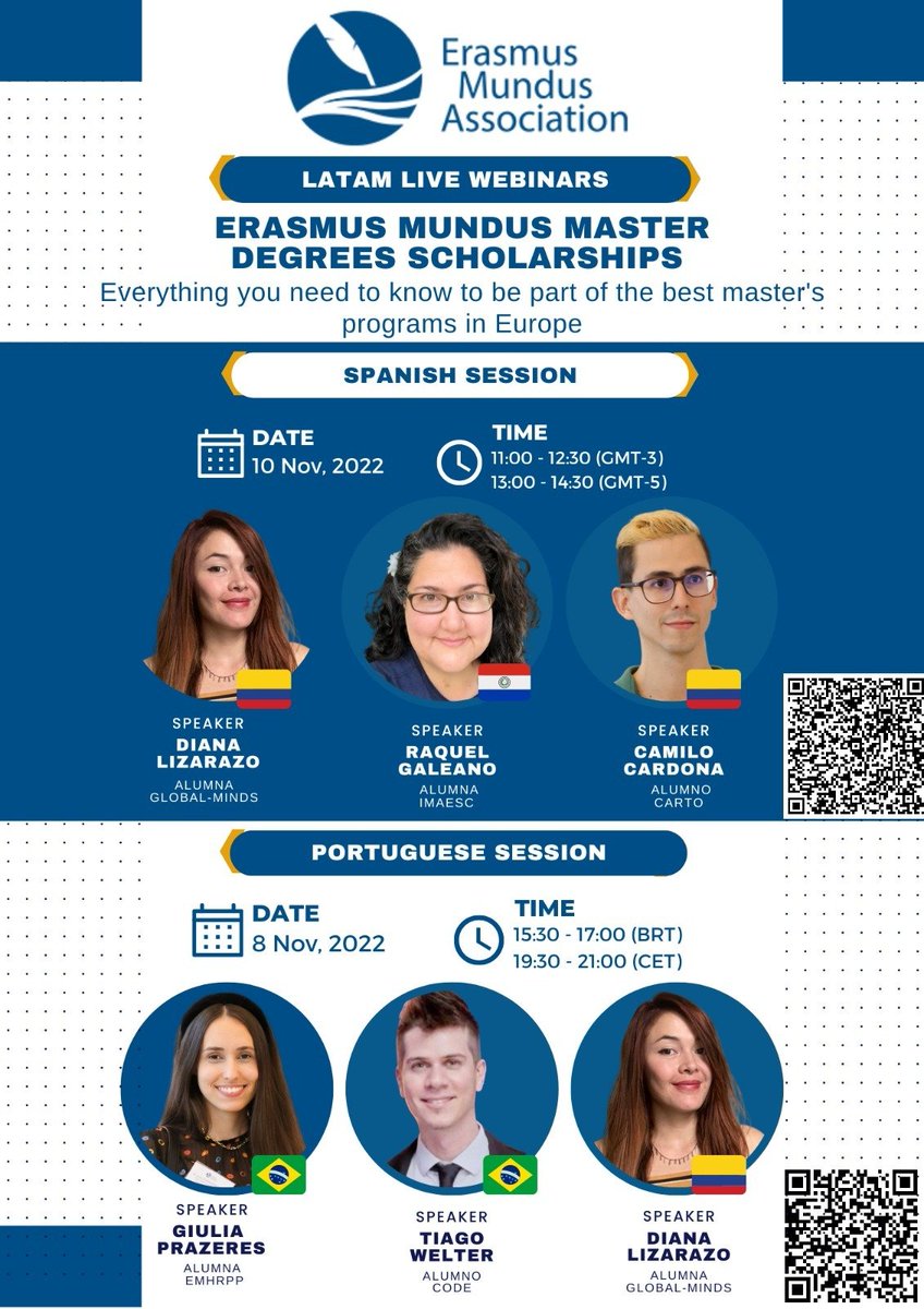 Erasmus Mundus Master Degrees: everything you need to know to be part of the best master's programs in Europe. Webinars for Spanish and Portuguese speakers. #ErasmusMundus #ChooseEuropeForYourMaster 📅 Tuesday 8 November 2022