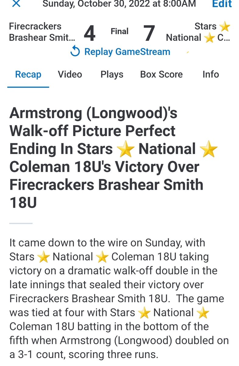 🥎Games aren't won/lost on just 1 play. Hit my 3RBI DOUBLE to LCF at right time after my @StarsNat18U TEAMMATES loaded up bases: my glory is in the TEAM'S WIN from battling 2gether! #passthebat @LongwoodSB @DrCoachBrown5 @JesseDreswick @Los_Stuff @LegacyLegendsS1 @ExtraInningSB