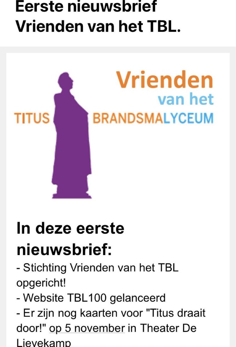 De eerste nieuwsbrief van @vriendentbl is vandaag verschenen! <a href="/tbl_oss/">TBL</a> <a href="/reneschaffels/">Rene Schaffels</a> <a href="/tombrockstbl/">Tom Brocks</a> <a href="/TBL_TTJ/">TBLTitusTussenjaar</a> <a href="/TBLExpeditie/">TBLExpeditie</a> <a href="/TBL123HV/">TBLh/v masterclass</a>