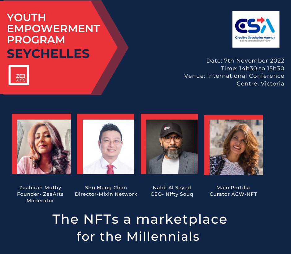 MixinKernel's tweet photo. Thank you, @thezeearts, for inviting us to join the Youth Empowerment Program Seychelles to share about The #NFTs a marketplace for the Millennials.
📅Nov 7th, 2022
⏲️9:00 - 16:00 
🏠International Conference Centre, Victoria

Stay tuned for the following updates! https://t.co/0kDsDKPnvf