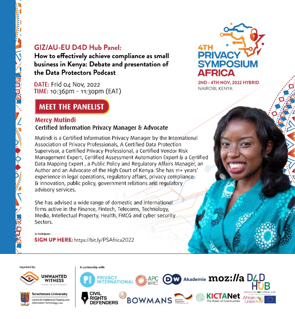 UnwantedWitness's tweet photo. Meet Mercy Mutindi. She has 11+ years’ experience in legal operations, regulatory affairs, #privacy compliance &amp; innovation, public policy, government relations and regulatory advisory services.

Join her at #PSA2022: https://t.co/31pYmT7L88 

(5/6) https://t.co/0SCpILFnTe