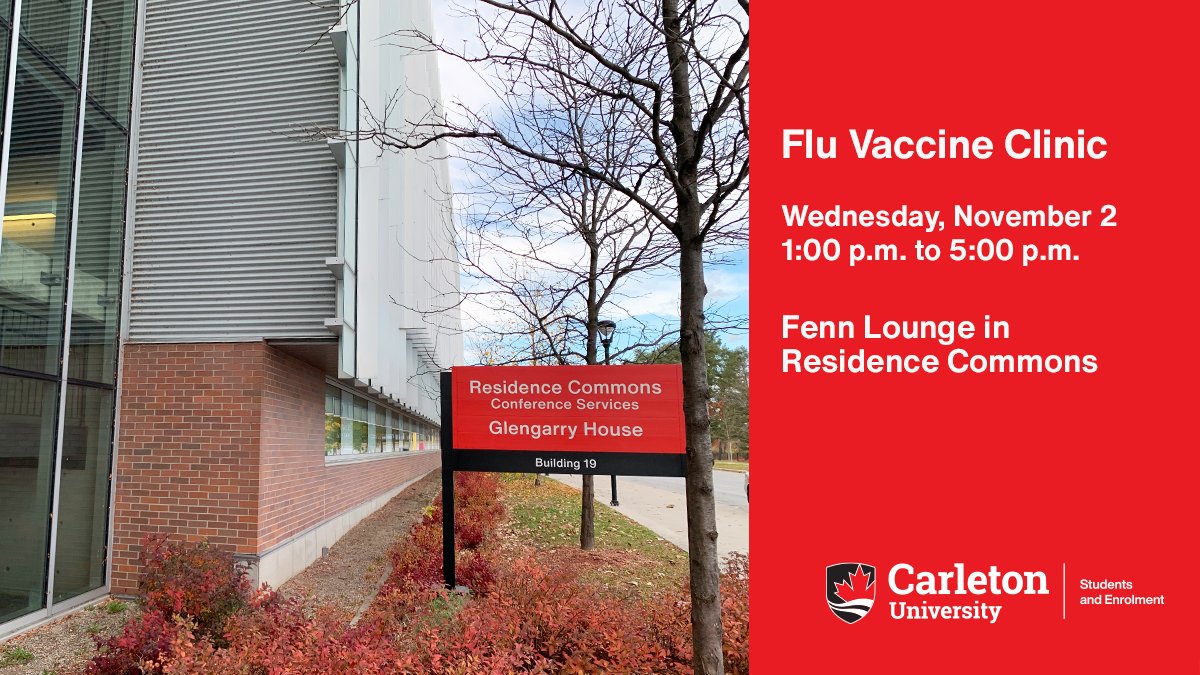 Tomorrow (Wednesday, November 2) students, staff and faculty can get a free flu shot from 1:00 p.m. to 5:00 p.m. in Fenn Lounge in Residence Commons. Appointments are not required. students.carleton.ca/2022/10/flu-va…