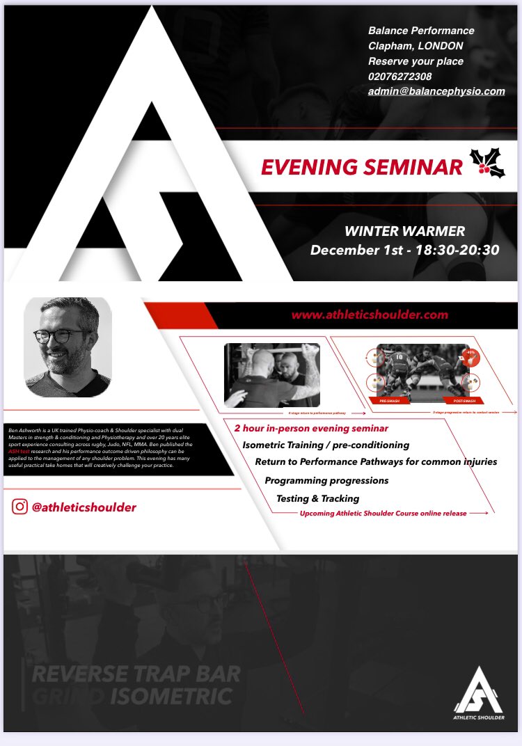 Super excited to have Ben Ashworth at Balance Performance on the 1st of Dec delivering his ‘winter warmer’. Seminar for all clinicians working with injury/rehab/performance <a href="/AthleteShoulder/">Athletic Shoulder®️ Instagram@athleticshoulder</a> <a href="/BalancePhysio/">Balance Performance</a>