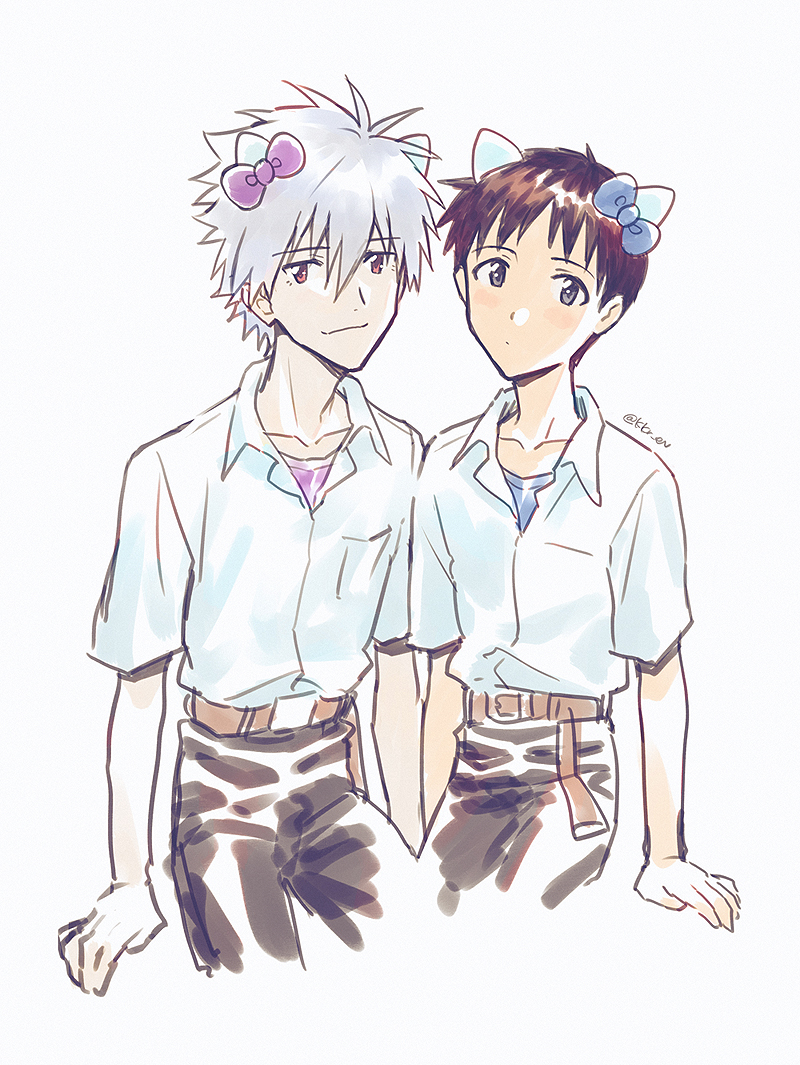 ikari shinji ,nagisa kaworu 2boys multiple boys male focus shirt brown hair white background pants  illustration images