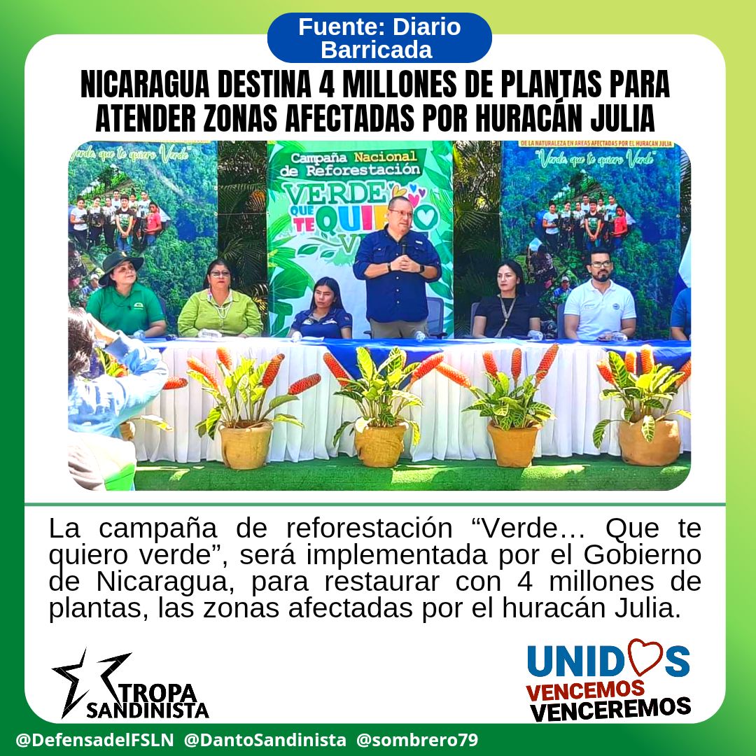 #Nicaragua destina 4 millones de plantas para atender afectadas por el Huracán Julia
#UnidosVencemosVenceremos