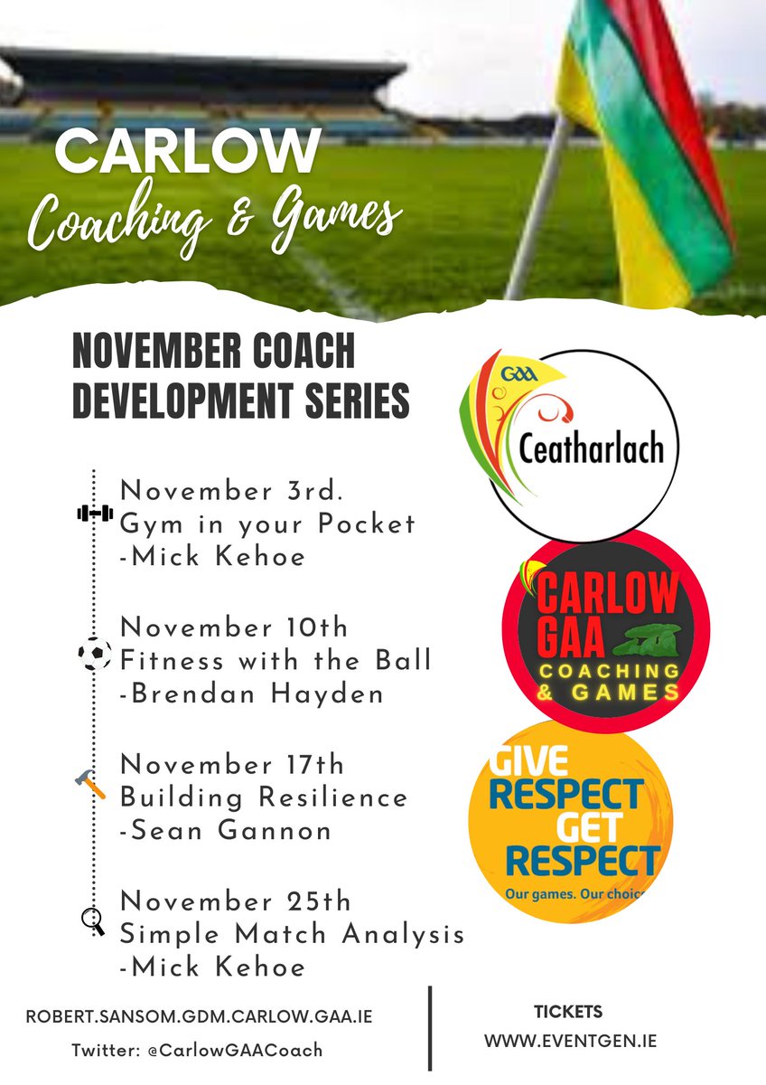 Carlow GAA Coaching & Games (@carlowgaacoach) on Twitter photo Reminder of our November Coach Development Series starting this Thursday night.
Register using the link below to ensure a place.
eventgen.ie/carlow-coachin…
<a href="/Carlow_GAA/">Carlow GAA</a> Reminder of our November Coach Development Series starting this Thursday night.
Register using the link below to ensure a place.
eventgen.ie/carlow-coachin…
<a href="/Carlow_GAA/">Carlow GAA</a>