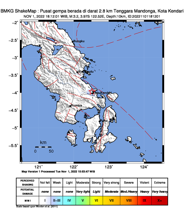 infoBMKG's tweet photo. #Gempa Mag:3.2, 01-Nov-22 18:12:01 WIB, Lok:3.97 LS, 122.52 BT (Pusat gempa berada di darat 2.8 km Tenggara Mandonga, Kota Kendari), Kedlmn:10 Km Dirasakan (MMI) II - III Kendari #BMKG https://t.co/lqSwssnJks